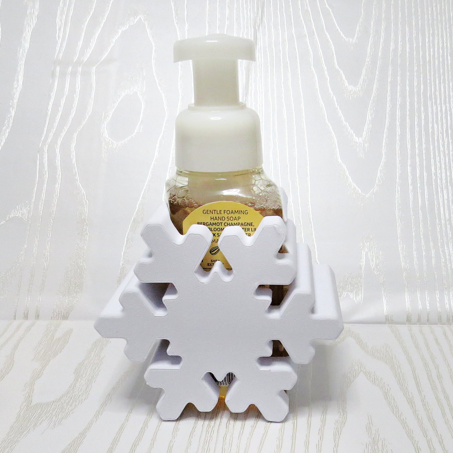 Snowflake Foaming Soap Bottle Holder – Cute 3D Printed White and Blue Crystal Snowflake – Bath and Body Works Foaming Soap Dispenser Stand – Winter Christmas Holiday Bathroom Kitchen Counter Decor – Snowflake Lover Seasonal Gift