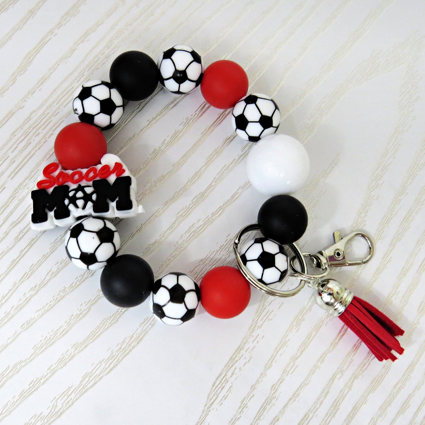 soccer-mom-wristlet-keychain-red-black-white-beaded-bracelet-with-tassel
