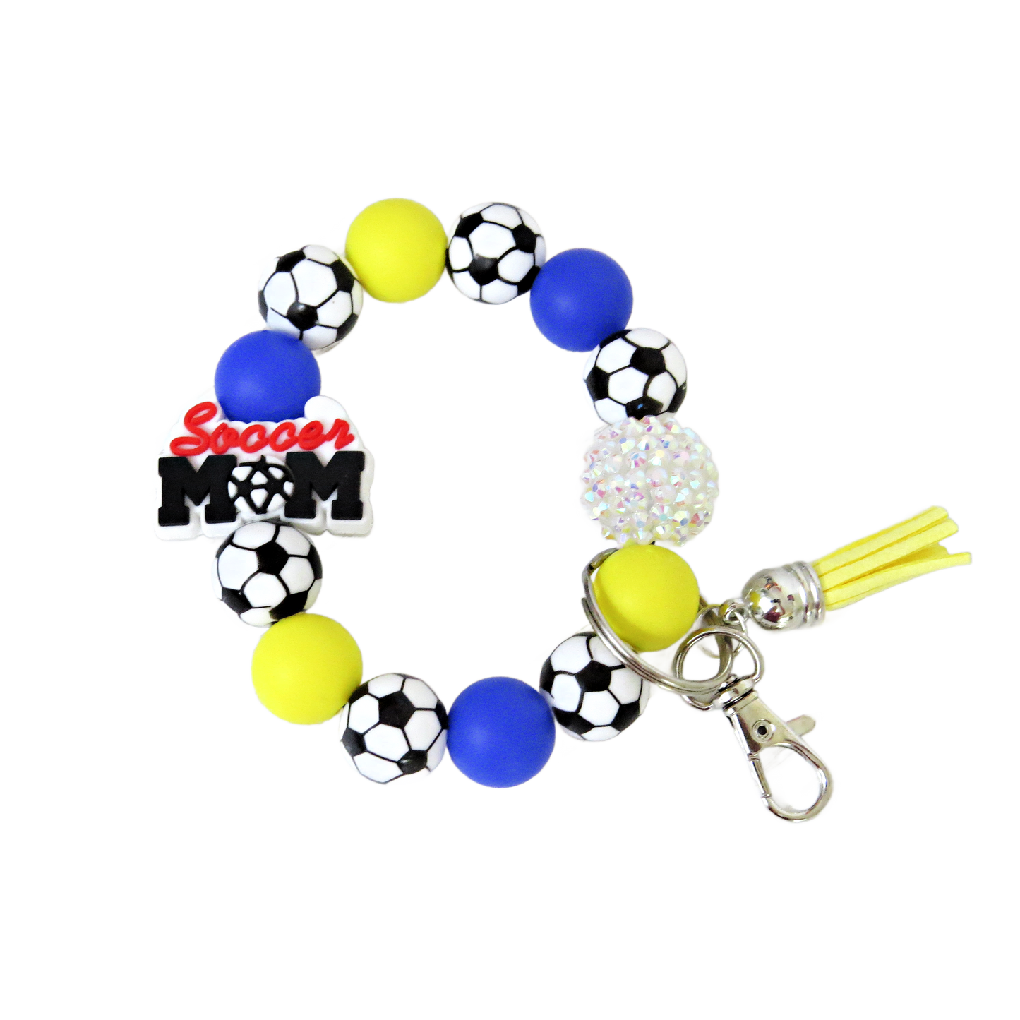 Soccer Mom Silicone Beaded Keychain Wristlet – Yellow Blue Game Day Bracelet with Tassel