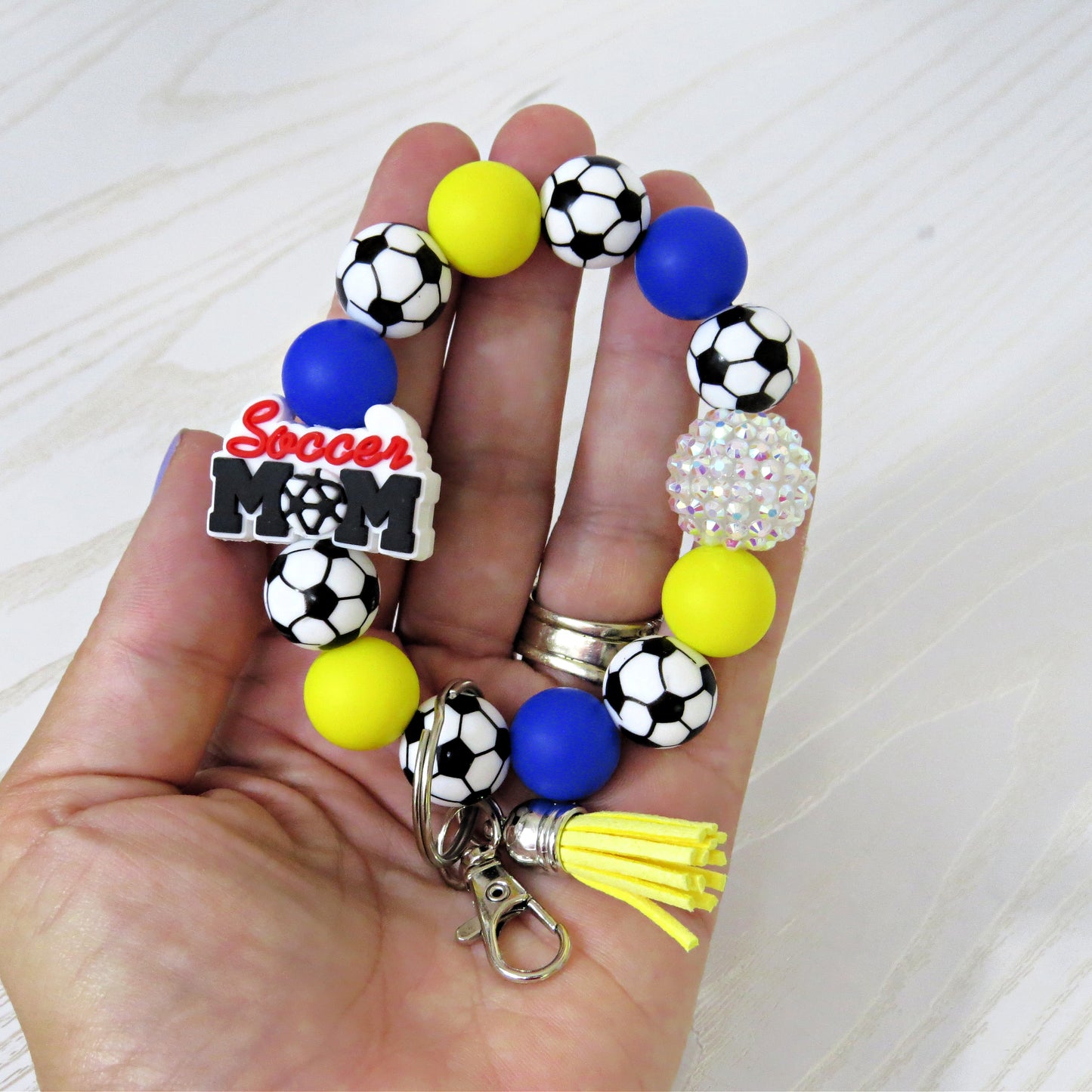 Soccer Mom Silicone Beaded Keychain Wristlet – Yellow Blue Game Day Bracelet with Tassel