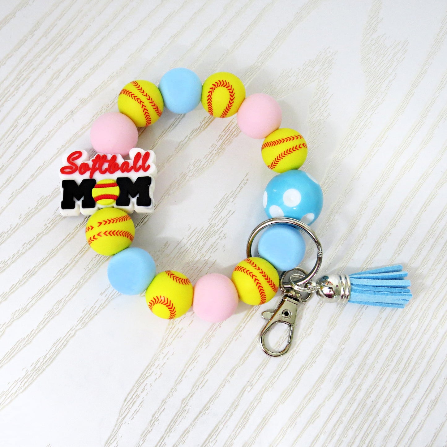 softball-mom-wristlet-keychain-yellow-softball-beads-pink-blue-round-beads-blue-tassel-keyring-accessory