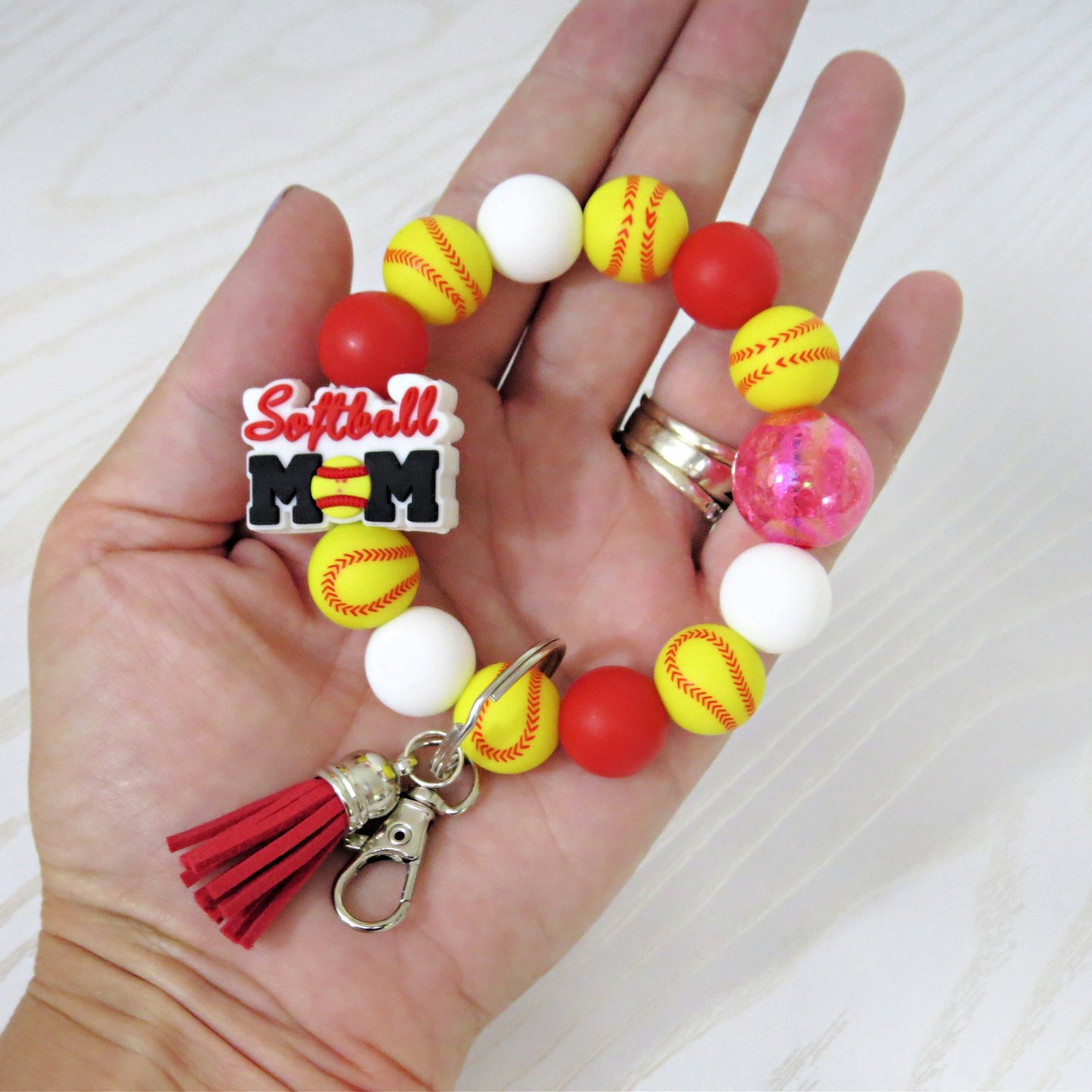 Softball Mom Silicone Beaded Keychain Wristlet – Red Blue Game Day Bracelet with Tassel