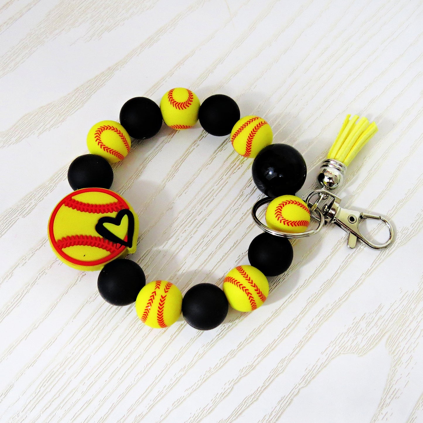 softball-wristlet-keychain-yellow-softball-heart-beads-black-yellow-round-beads-pink-tassel-acrylic-keychain-accessory