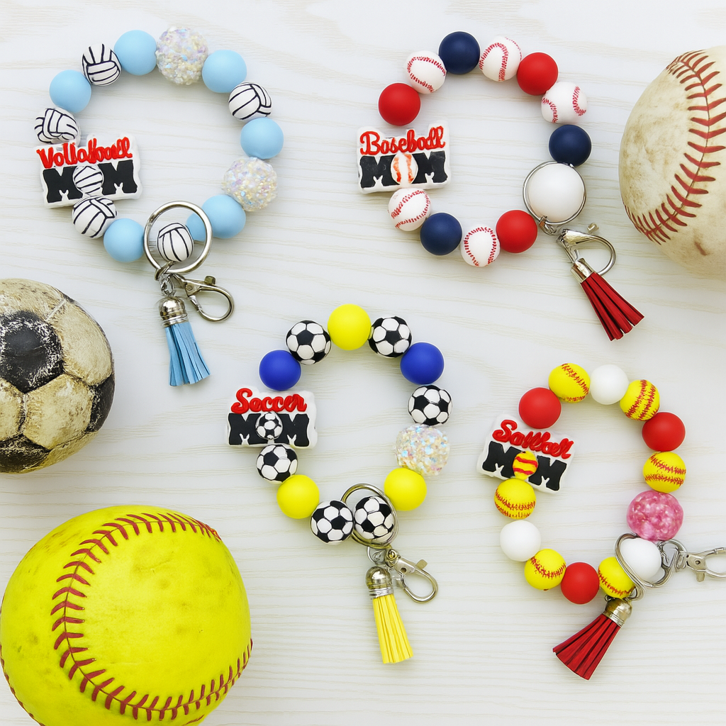 Volleyball Mom Silicone Beaded Keychain Wristlet – Blue Game Day Bracelet with Tassel