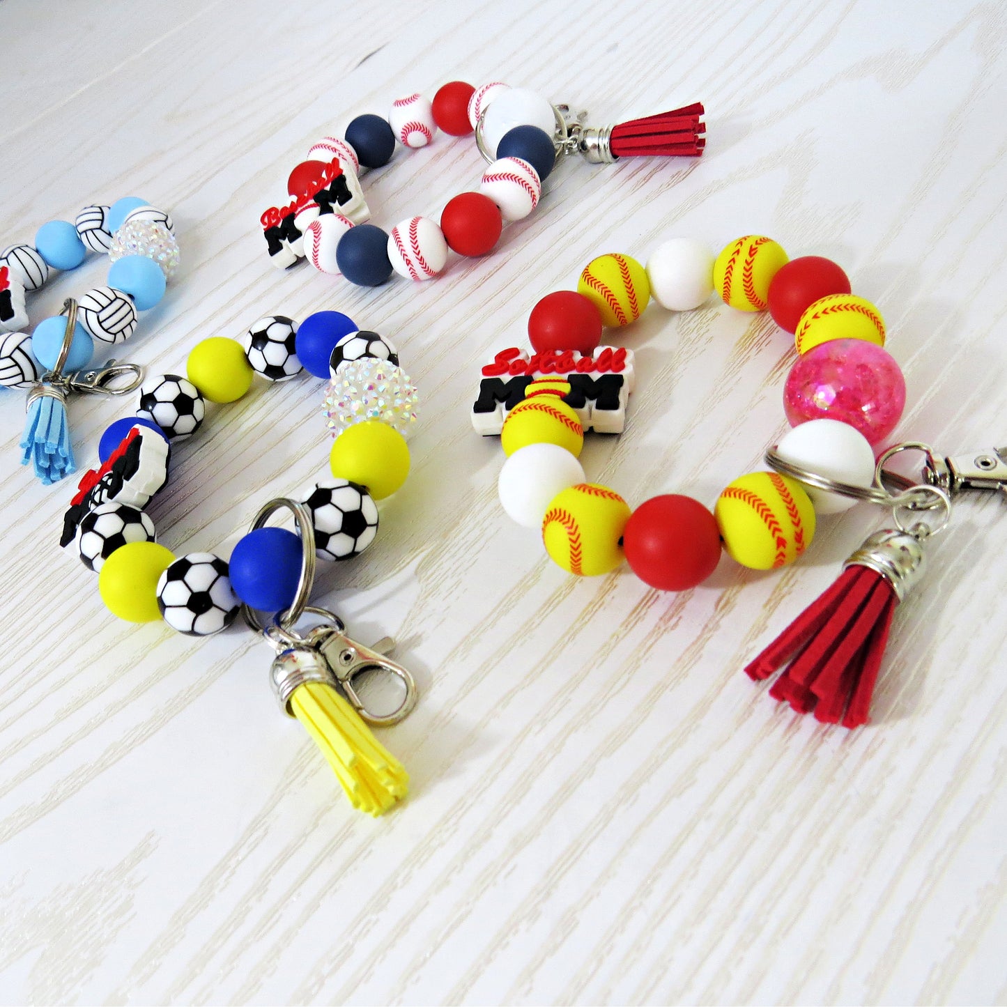 Volleyball Mom Silicone Beaded Keychain Wristlet – Blue Game Day Bracelet with Tassel