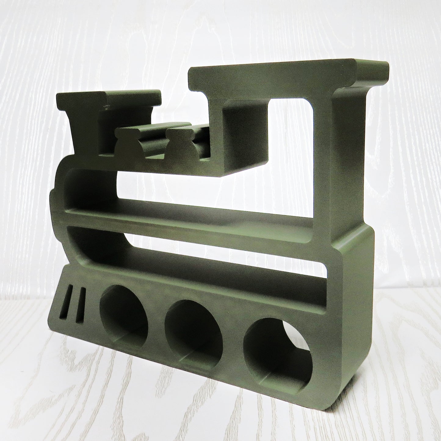 Train Shelf – 3D Printed Olive Green Steam Engine Locomotive Silhouette with Multi-Tier Display – Freestanding Kids Room Playroom Trinket Organizer – Railroad Train Lover Boys Room Decor Gift