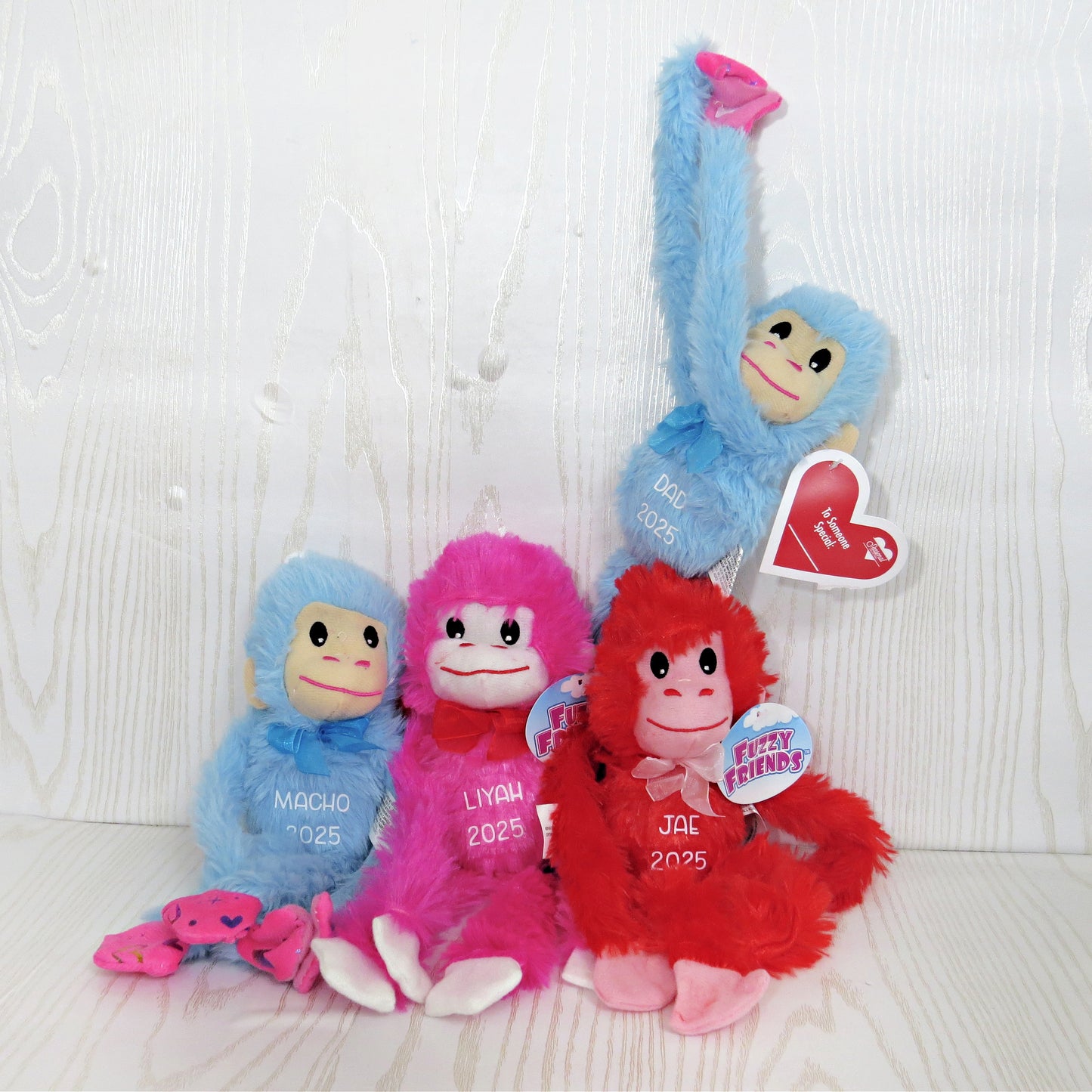 Kenzie's Boutique Handmade Personalized Valentines Day Hanging Monkey Plush Gift for Kids - Custom Stuffed Animal with Name – Hanging Lovey Velcro Hands – Boys Girls – Décor Classroom Exchange