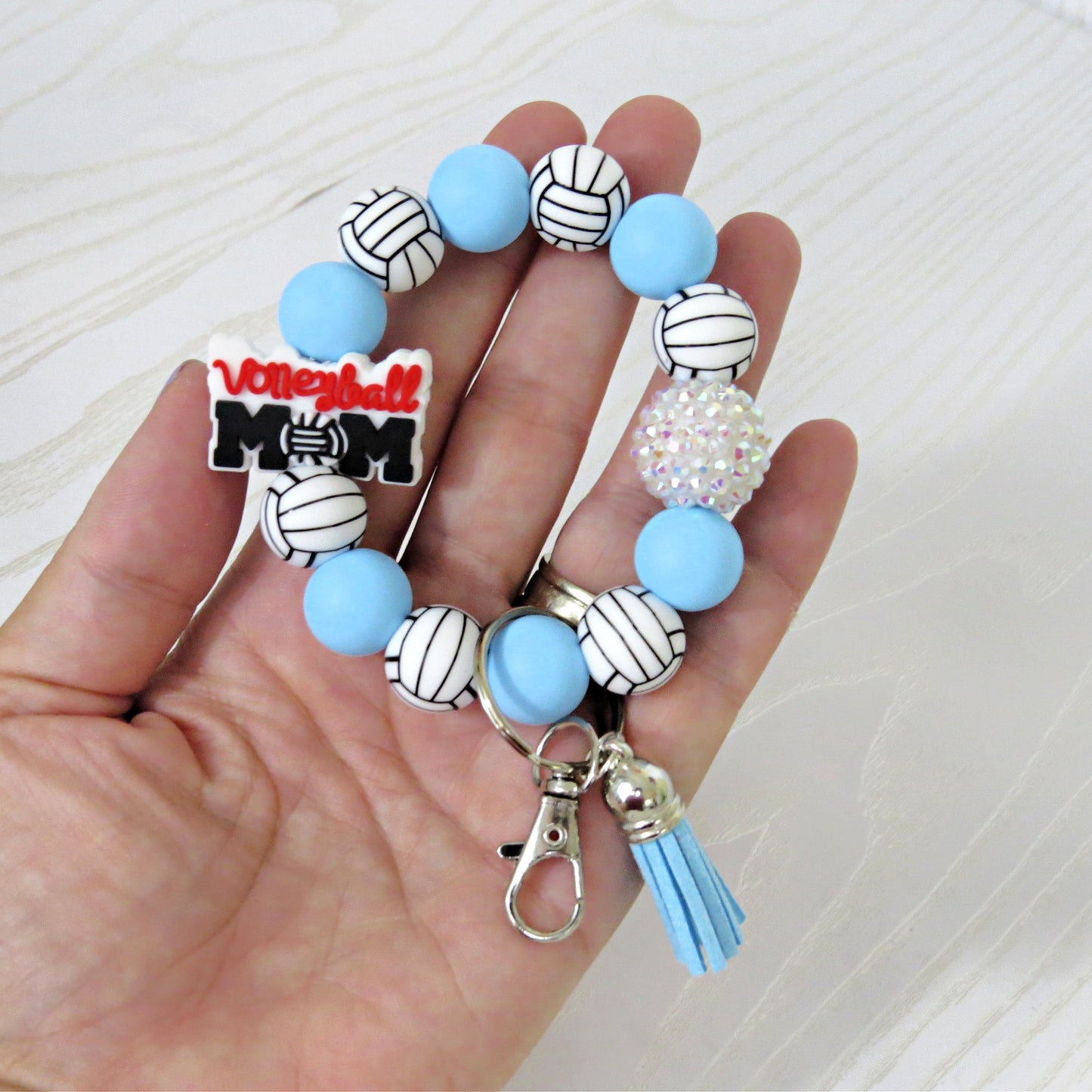 Volleyball Mom Silicone Beaded Keychain Wristlet – Blue Game Day Bracelet with Tassel