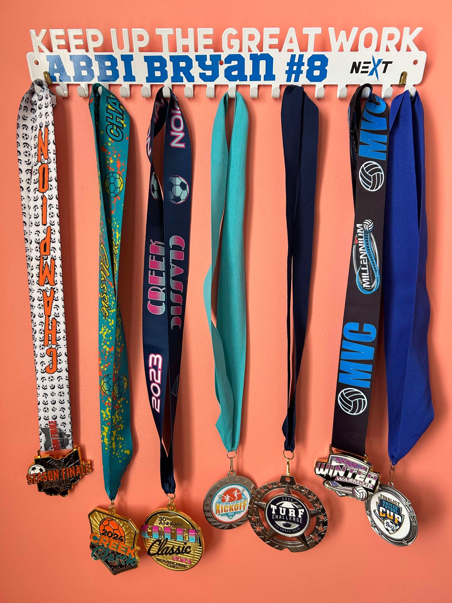 White Metal Medal Hanger Display for Sports Ribbons with Name - Decorative Trophy Holder Championship Winner Rack - Keep Up the Great Work - Wall Medals - Custom Text Tournament