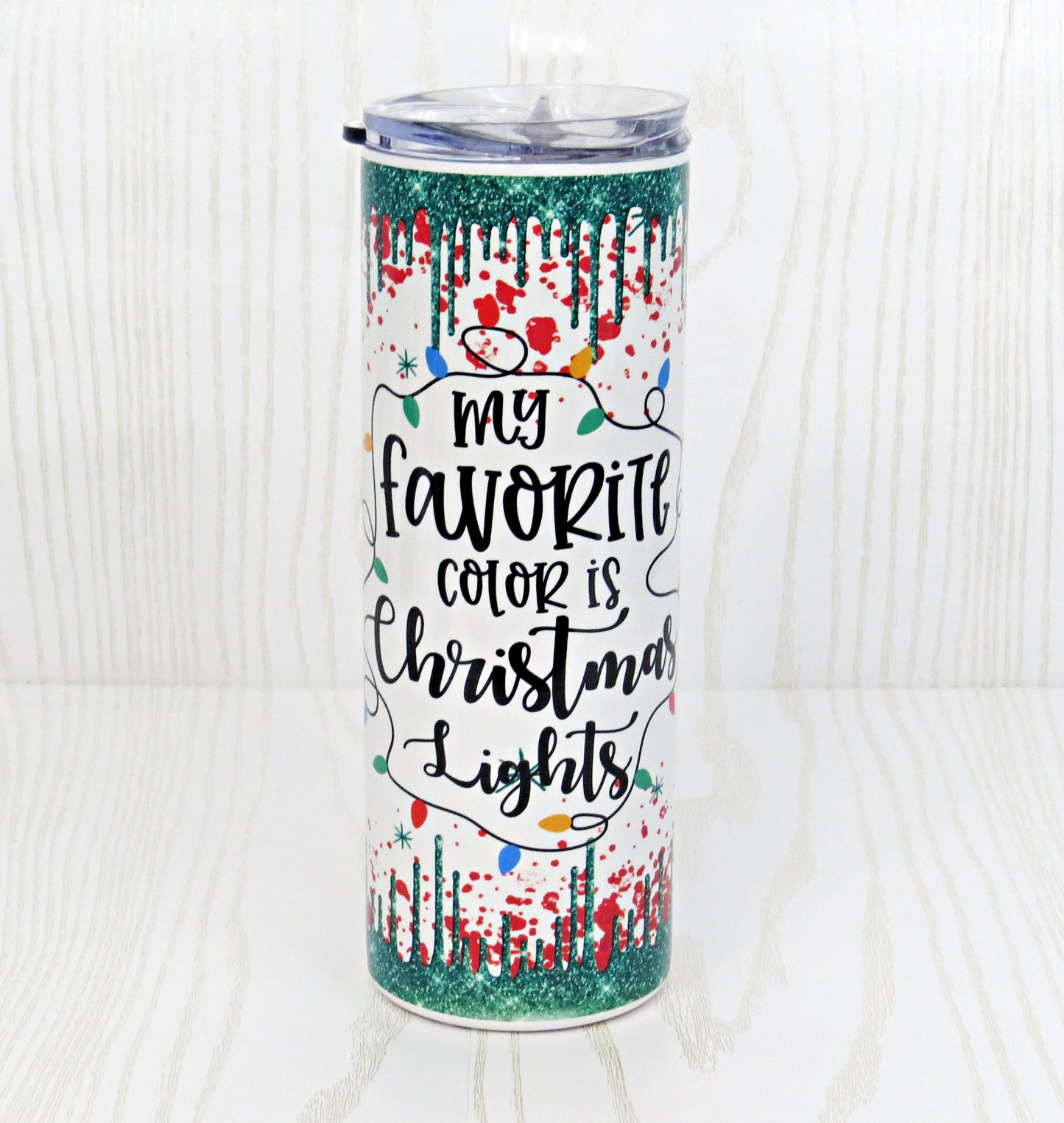 20 oz Stainless Steel My Favorite Color is Christmas Lights Tumbler - Holiday Christmas Gift for Her with Straw - Cup Mug