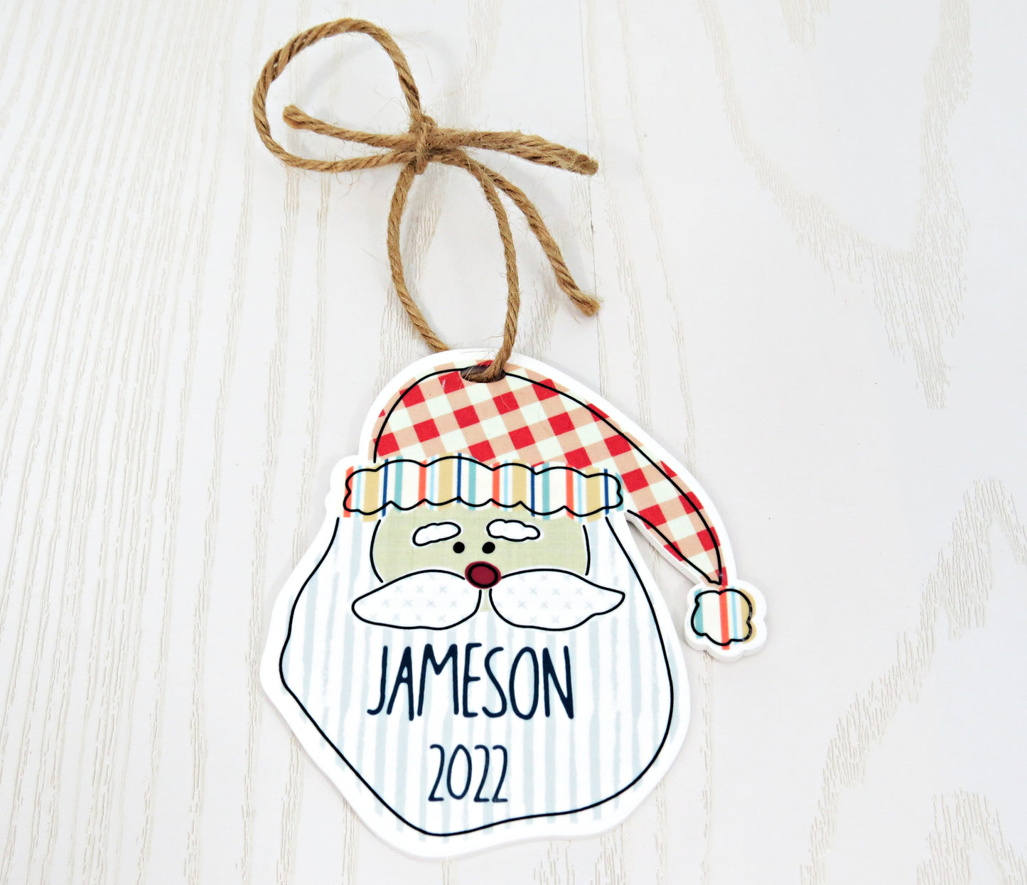 Personalized Santa Face Ornament – Custom Name Handmade Holiday Keepsake with Ribbon