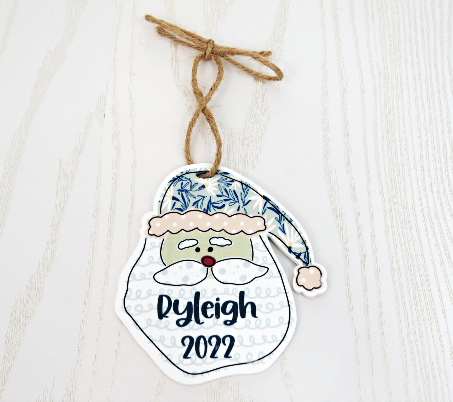 Personalized Santa Face Ornament – Custom Name Handmade Holiday Keepsake with Ribbon