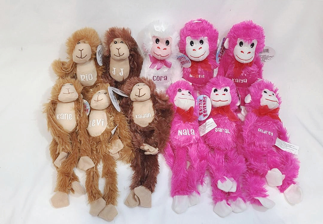 Kenzie's Boutique Handmade Personalized Valentines Day Hanging Monkey Plush Gift for Kids - Custom Stuffed Animal with Name – Hanging Lovey Velcro Hands – Boys Girls – Décor Classroom Exchange
