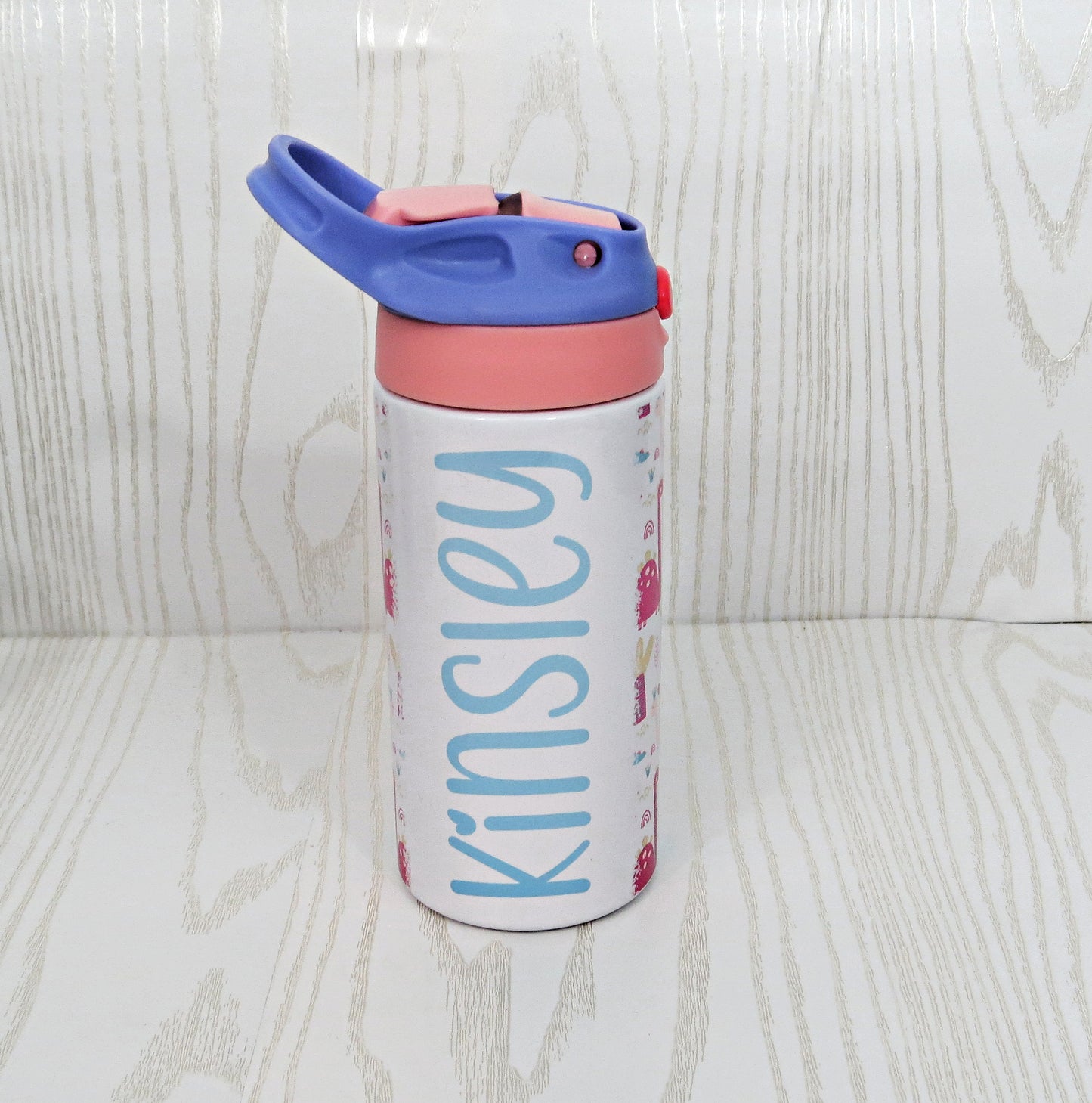 12 oz Stainless Steel Girl Dinosaur Tumbler - Girls Water Bottle - Flip Top - Insulated Reusable - Straw - Personalized Custom with Handle