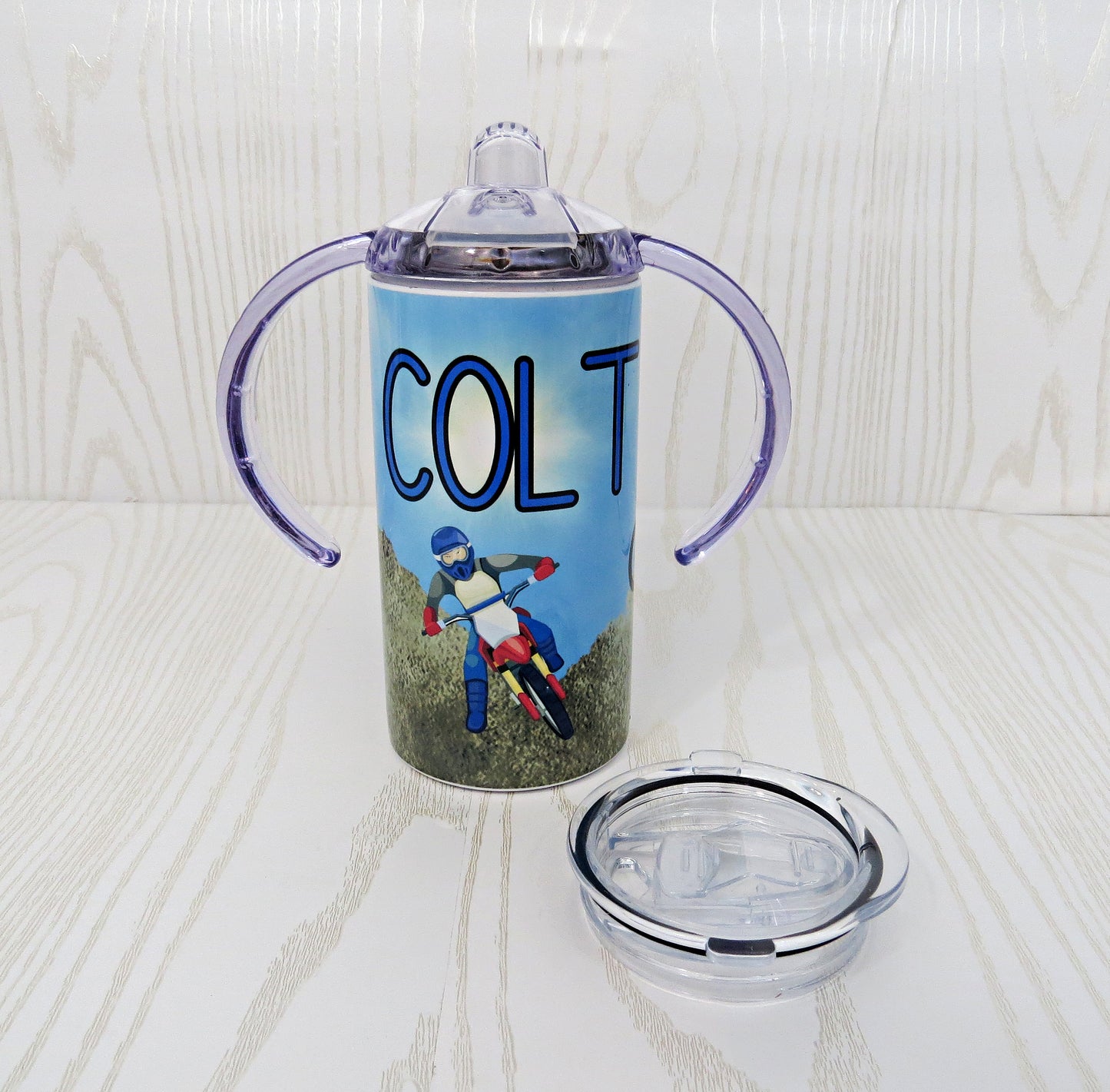 12 oz Stainless Steel Sippy Cup - Boys Tractor Motorcycle Water Bottle - Insulated Reusable - Straw - Personalized Custom with Handle