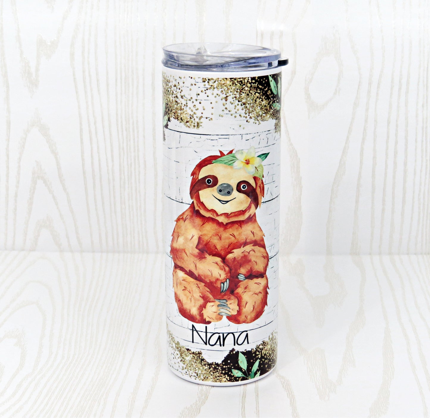 20 oz Stainless Steel Skinny Tumbler Sloth Cute Animal - Personalized Custom with Name - Coffee Travel Mug- Straw & Lid