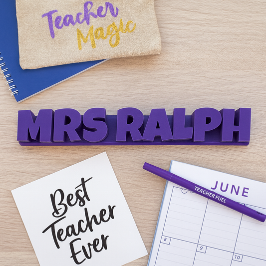 Personalized 3D Printed Nameplate - Custom Teacher Desk Sign displayed on countertop