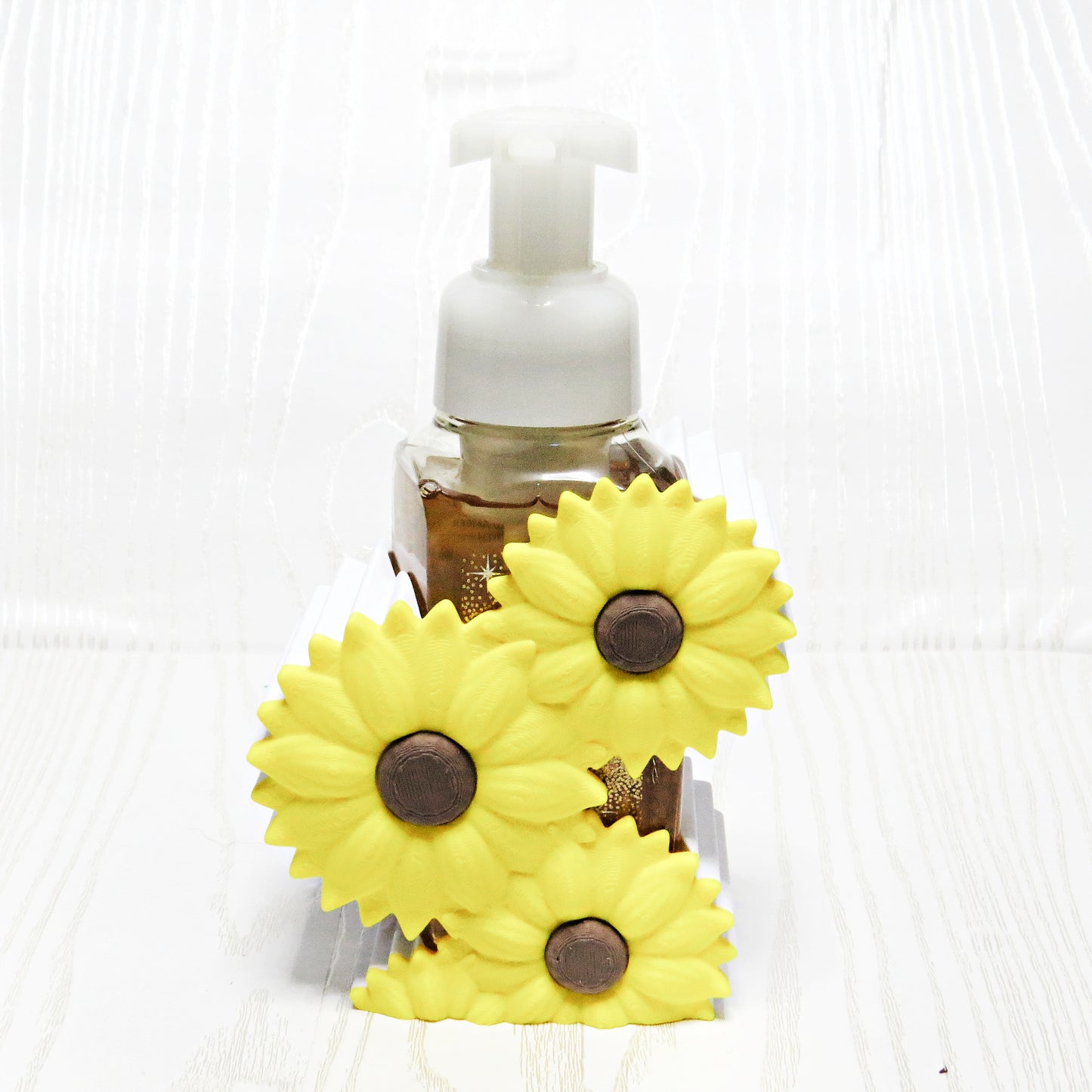 Sunflower Foaming Soap Holder - Farmhouse Bathroom & Kitchen Counter Decor - side angle showing product shape