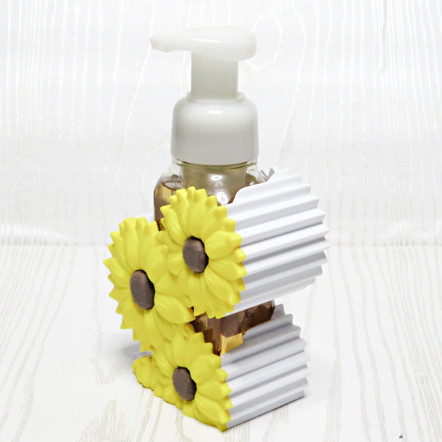 Sunflower Foaming Soap Holder - Farmhouse Bathroom & Kitchen Counter Decor - top view showing pump opening