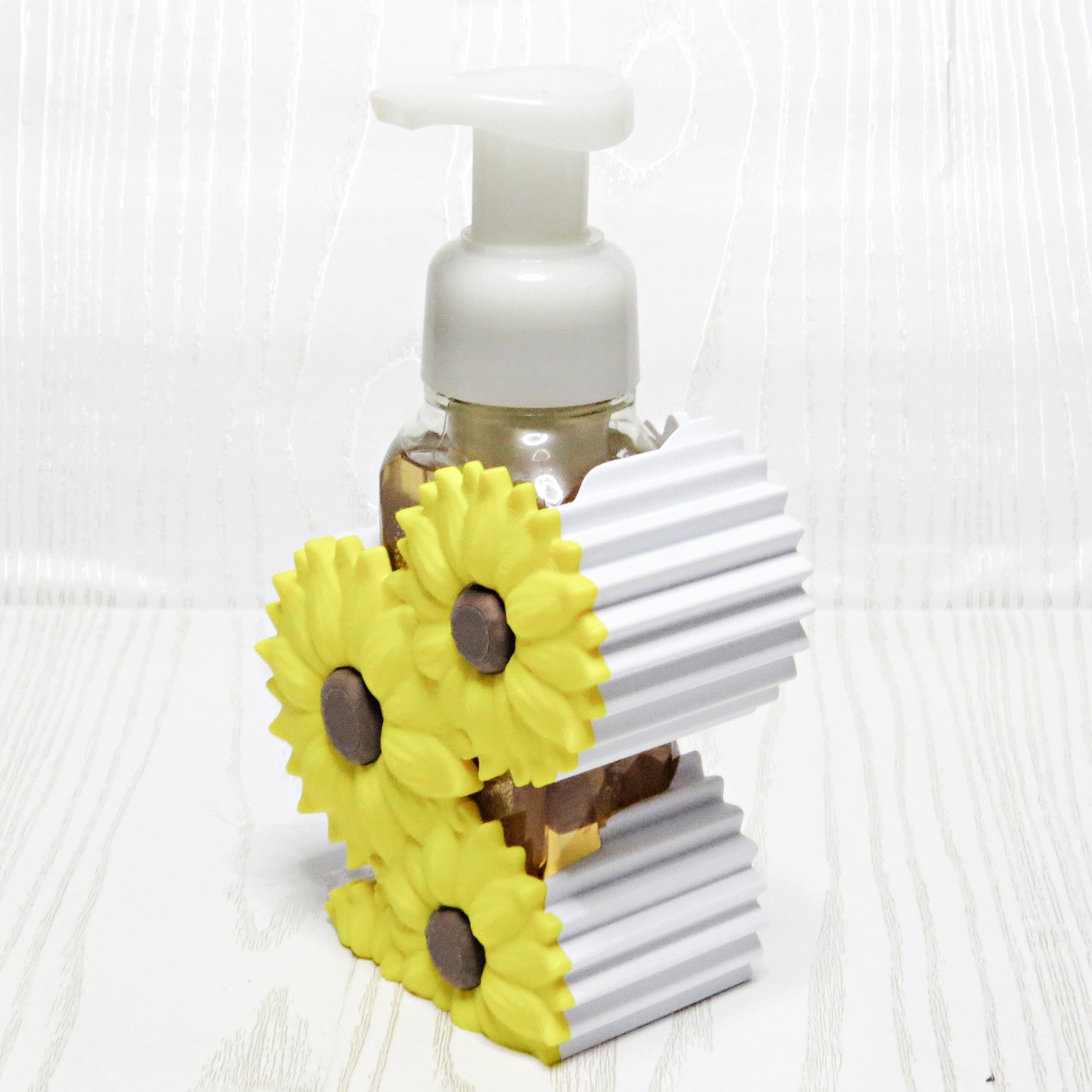 Sunflower Foaming Soap Holder - Farmhouse Bathroom & Kitchen Counter Decor - top view showing pump opening