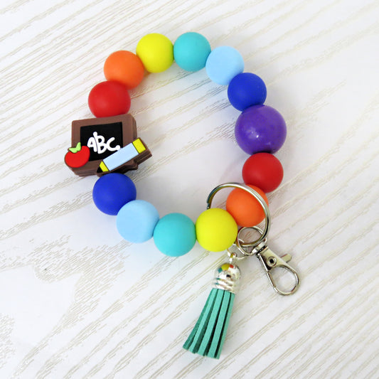 Teacher Wristlet Keychain – Handmade Silicone Beaded Bracelet with Tassel – ABC Letter Key Ring – Teacher Appreciation Gift