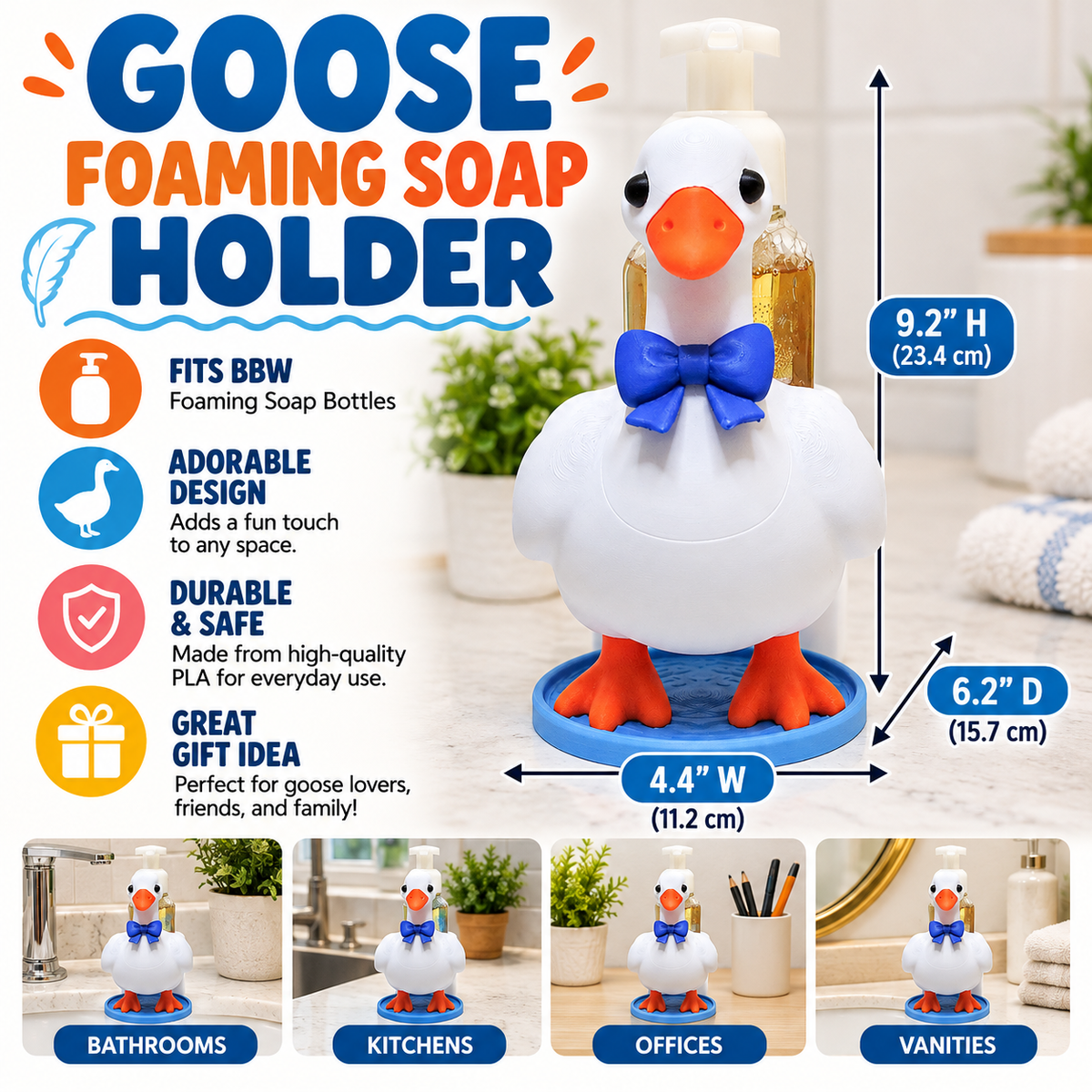 Goose Foaming Soap Bottle Holder – Cute 3D Printed White Goose with Blue Bow Tie – Bath and Body Works Foaming Soap Dispenser Stand – Farmhouse Bathroom Kitchen Counter Decor – Duck Bird Lover Gift