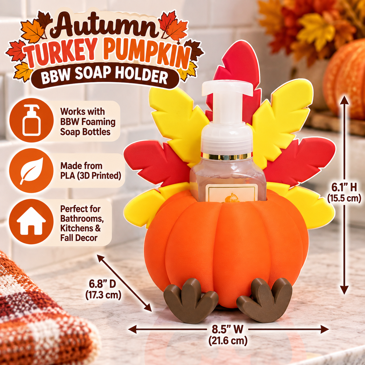 Turkey Pumpkin Foaming Soap Holder — Thanksgiving Fall Bathroom Decor for BBW Bottles