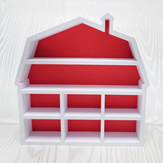 red-white-3d-printed-barn-silhouette-multi-compartment-shelf-peaked-roof-cupola-farmhouse-cottagecore-kids-room-decor