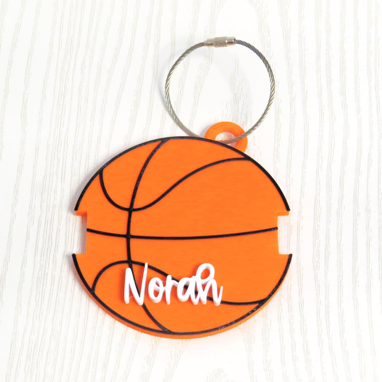 Personalized orange basketball bag tag with hair tie holder 