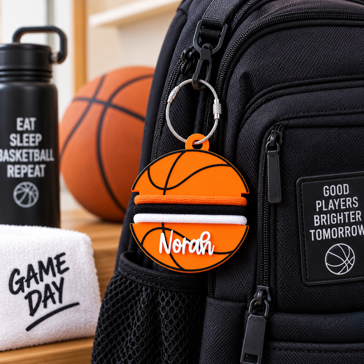 Personalized Basketball Bag Tag with Hair Tie Holder — Custom Name Keychain for Athletes