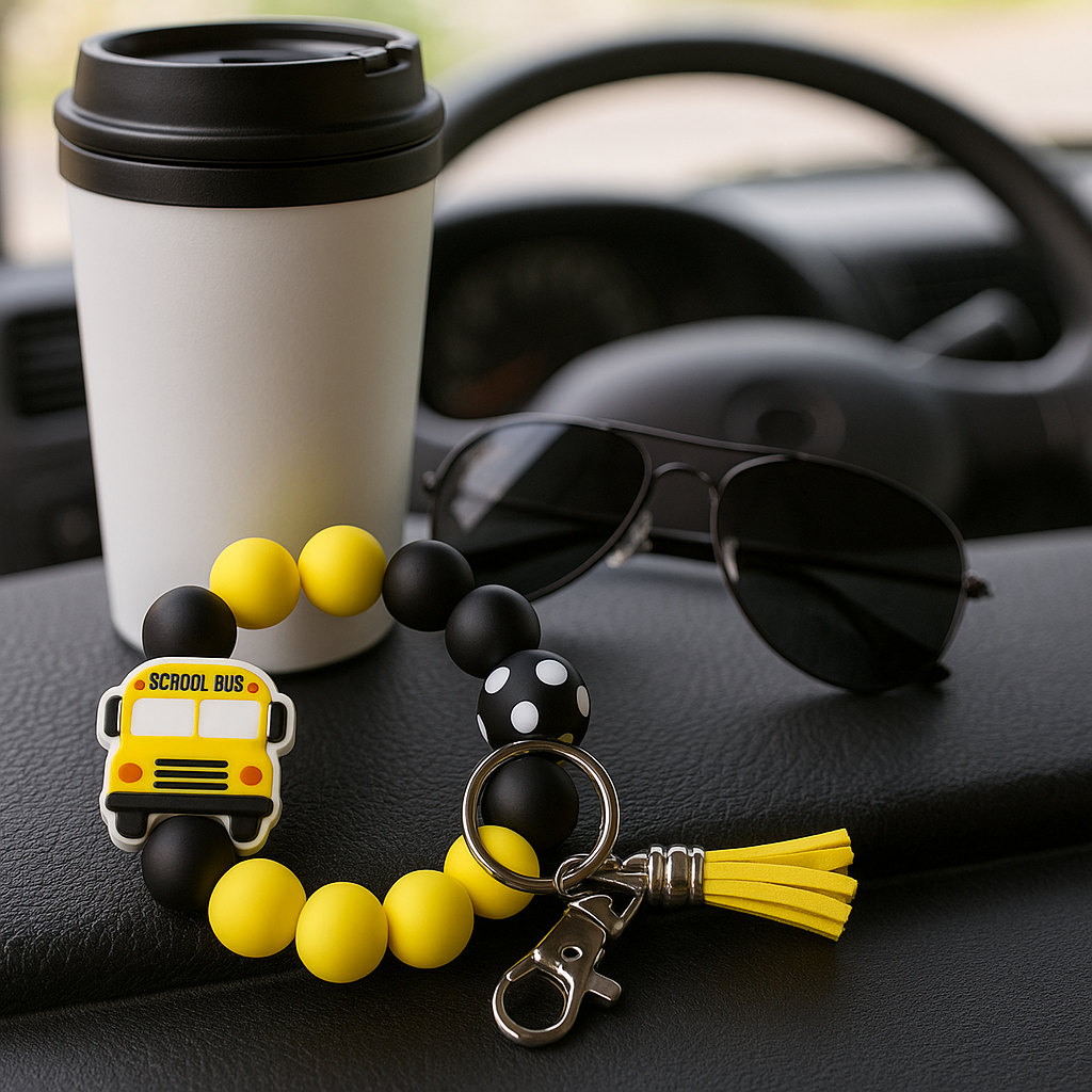 Bus Driver Gift Set - School Bus Sticky Note Holder + Wristlet + Keychain - lifestyle photo being carried