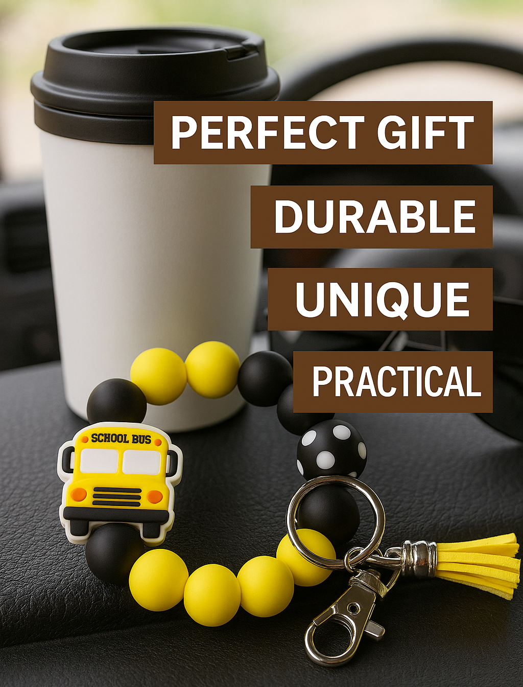 Bus Driver Gift – School Bus Keychain Bracelet with Silicone Beads
