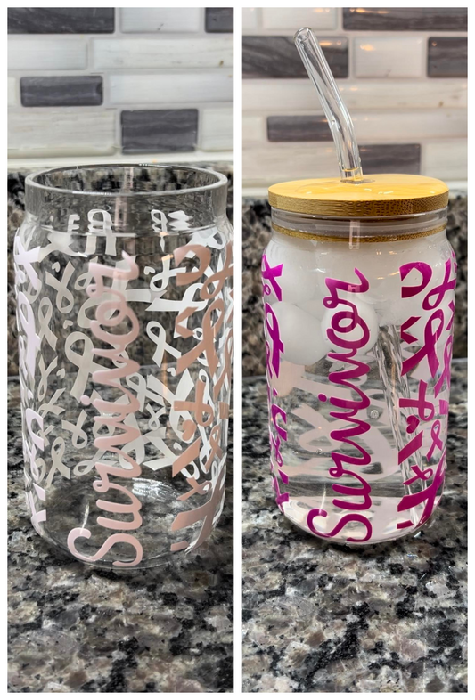 16 oz Breast Cancer Glass Cup with Bamboo Lid - Pint Beer Glass - Color Changing Vinyl  - Survivor