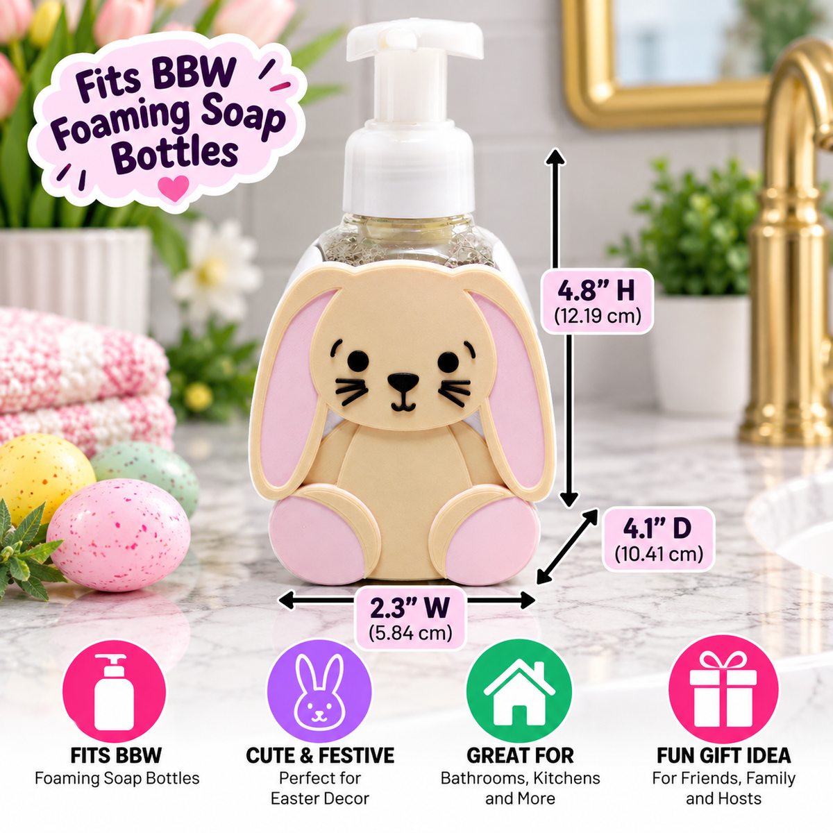 Cute Easter Bunny Foaming Soap Holder – Pastel Spring Bathroom Decor – 3D Printed Rabbit Sink Accessory