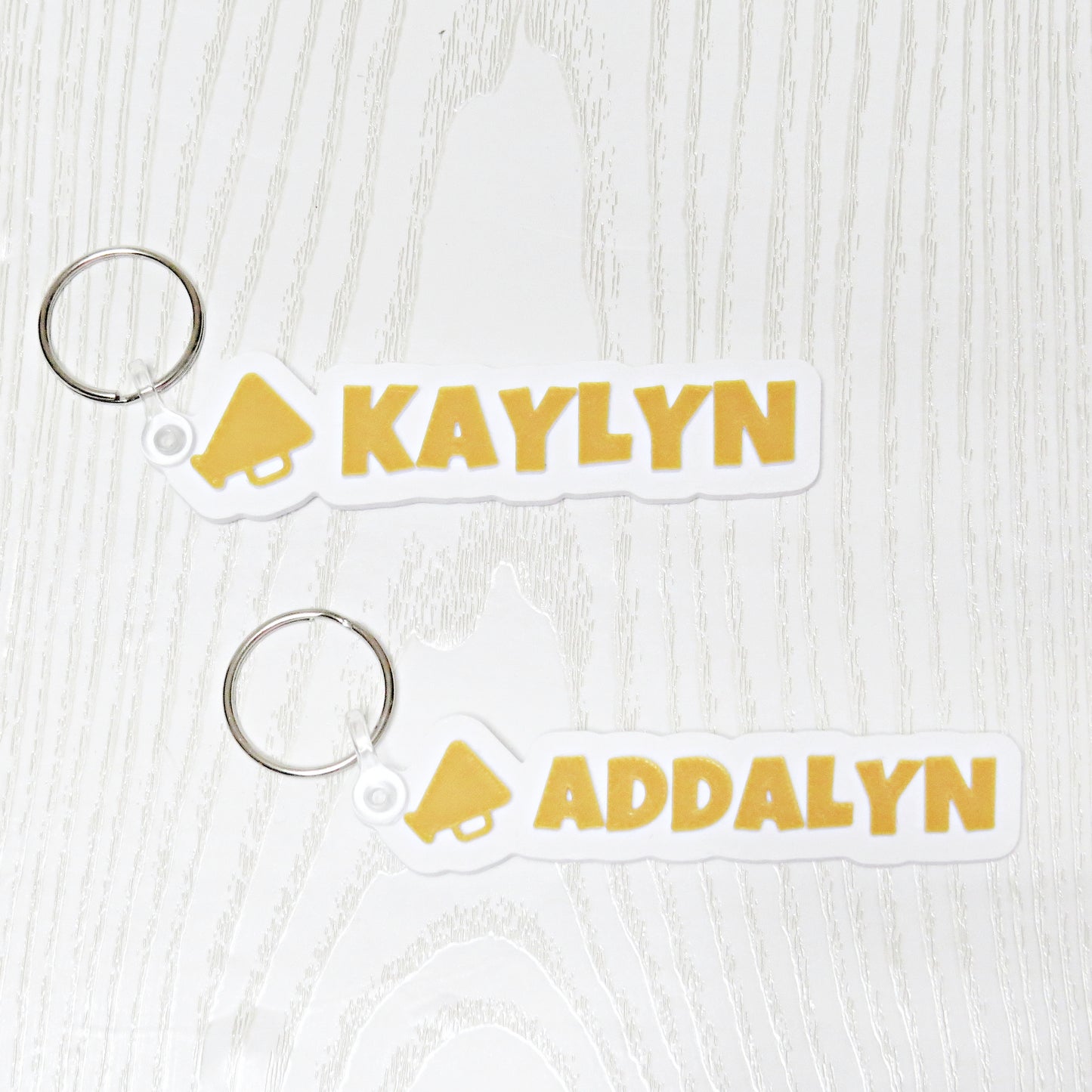 Personalized Cheer Megaphone Keychain Bag Tag - hanging display with keys