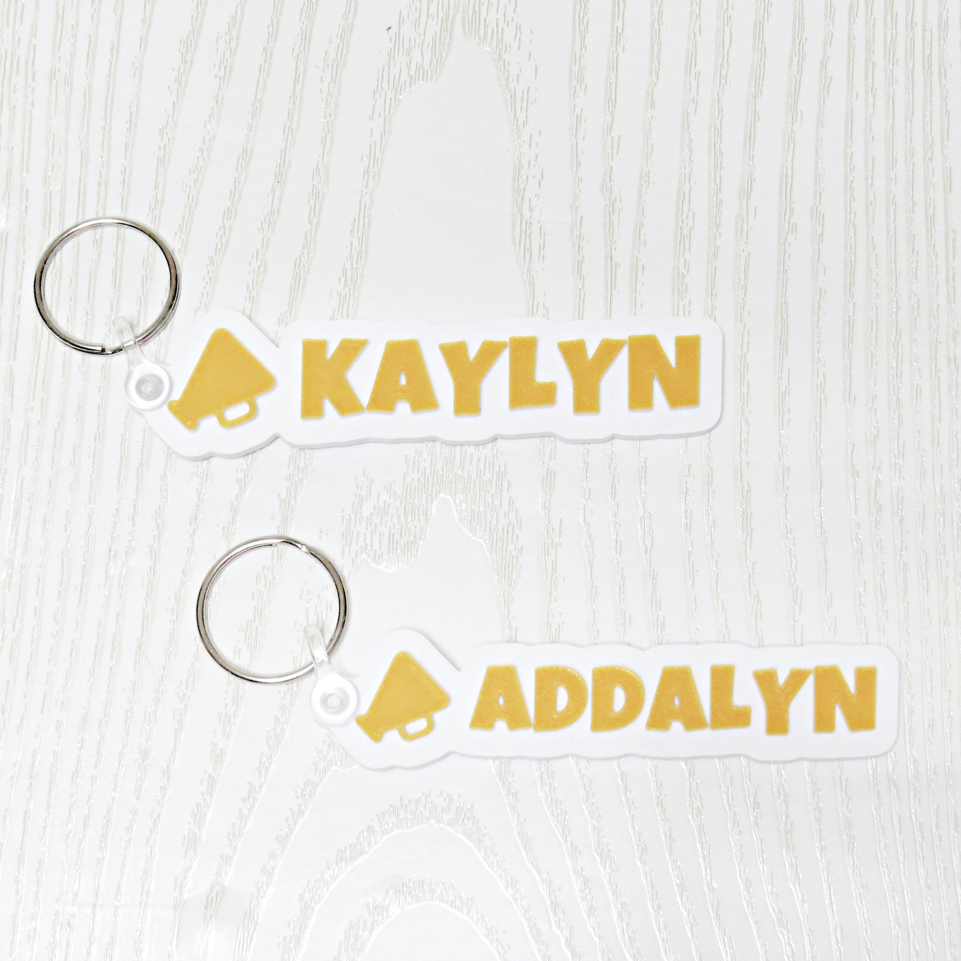 Personalized Cheer Megaphone Keychain Bag Tag - hanging display with keys