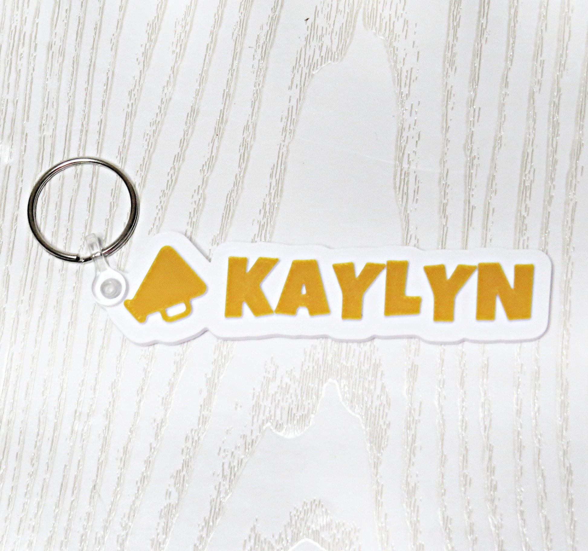 Personalized Cheer Megaphone Keychain Bag Tag - close-up of design detail