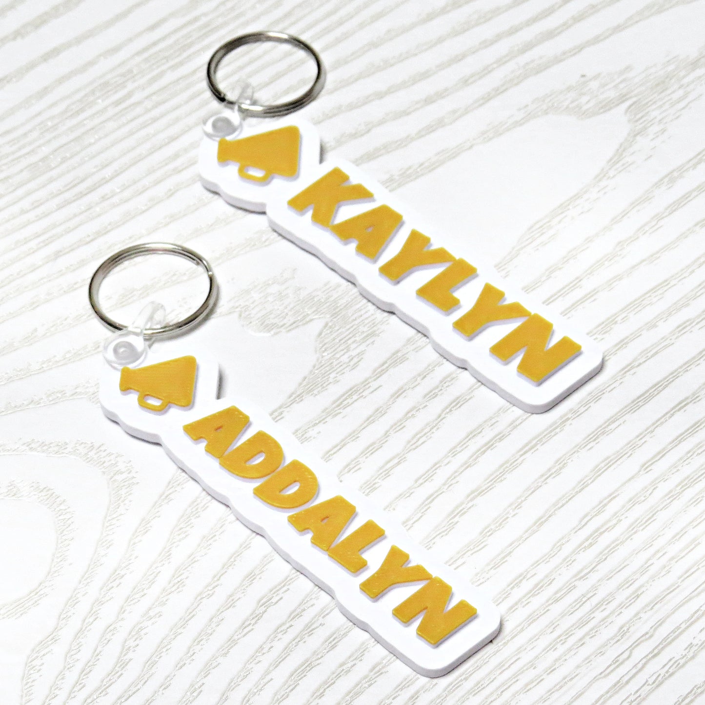 Personalized Cheer Megaphone Keychain Bag Tag - flat lay showing full design