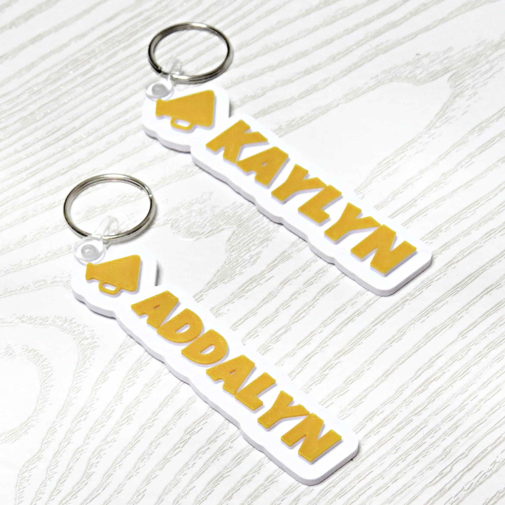 Personalized Cheer Megaphone Keychain Bag Tag - flat lay showing full design