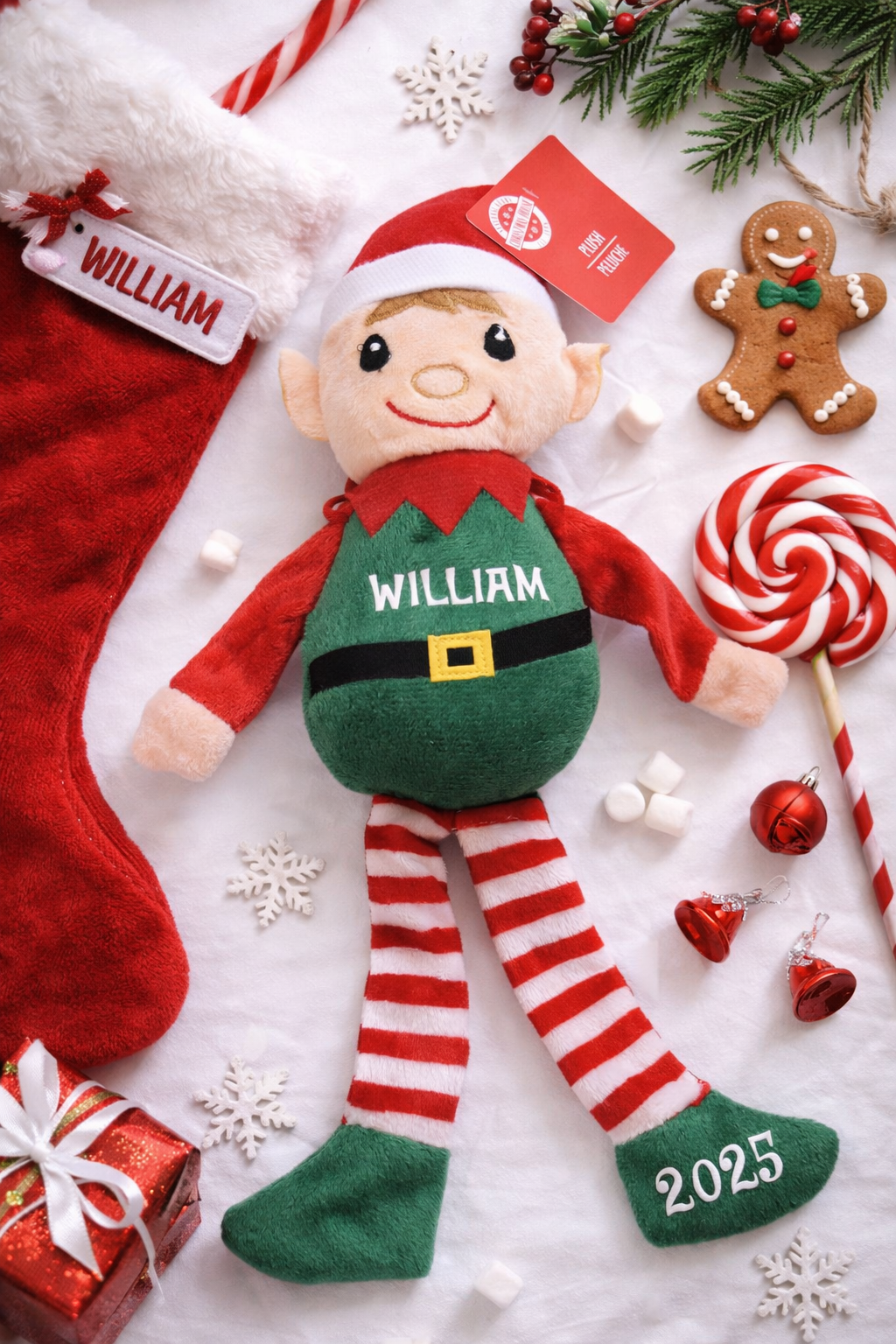 Personalized Christmas Elf Doll - Custom Name Holiday Plush Decoration - close-up of face detail
