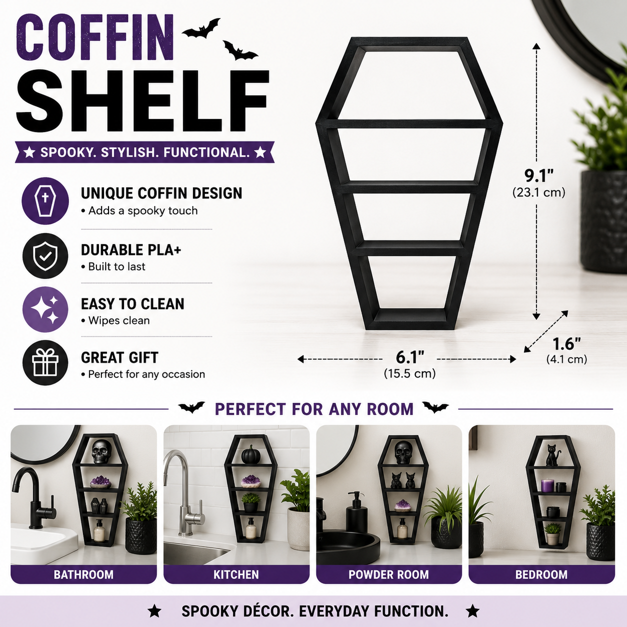 Coffin Shelf – 3D Printed Matte Black Gothic Coffin Silhouette with Three Open Shelf Tiers – Freestanding Halloween Spooky Trinket Organizer – Dark Aesthetic Bedroom Altar Desk Decor – Gothic Witch Crystal Display Gift