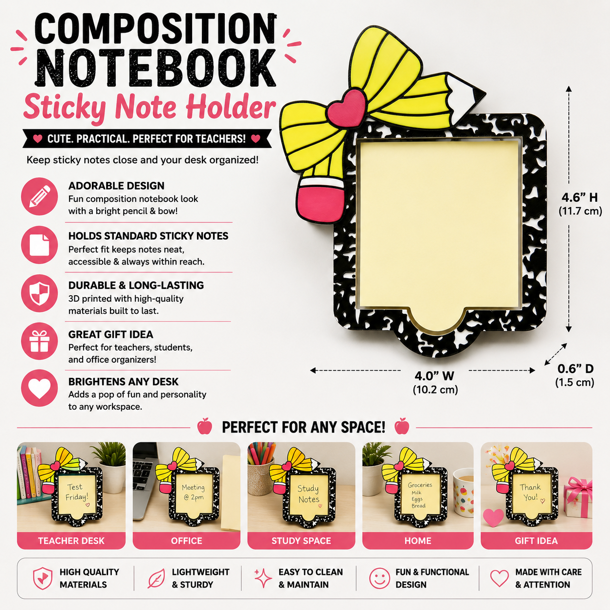 Composition Notebook Sticky Note Holder – 3D Printed Teacher Desk Organizer With Bow