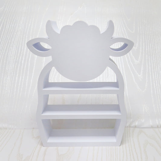 white-3d-printed-cow-head-silhouette-three-tier-open-shelf-curved-horns-ear-cutouts-forelock-farmhouse-cottagecore-kids-room-decor