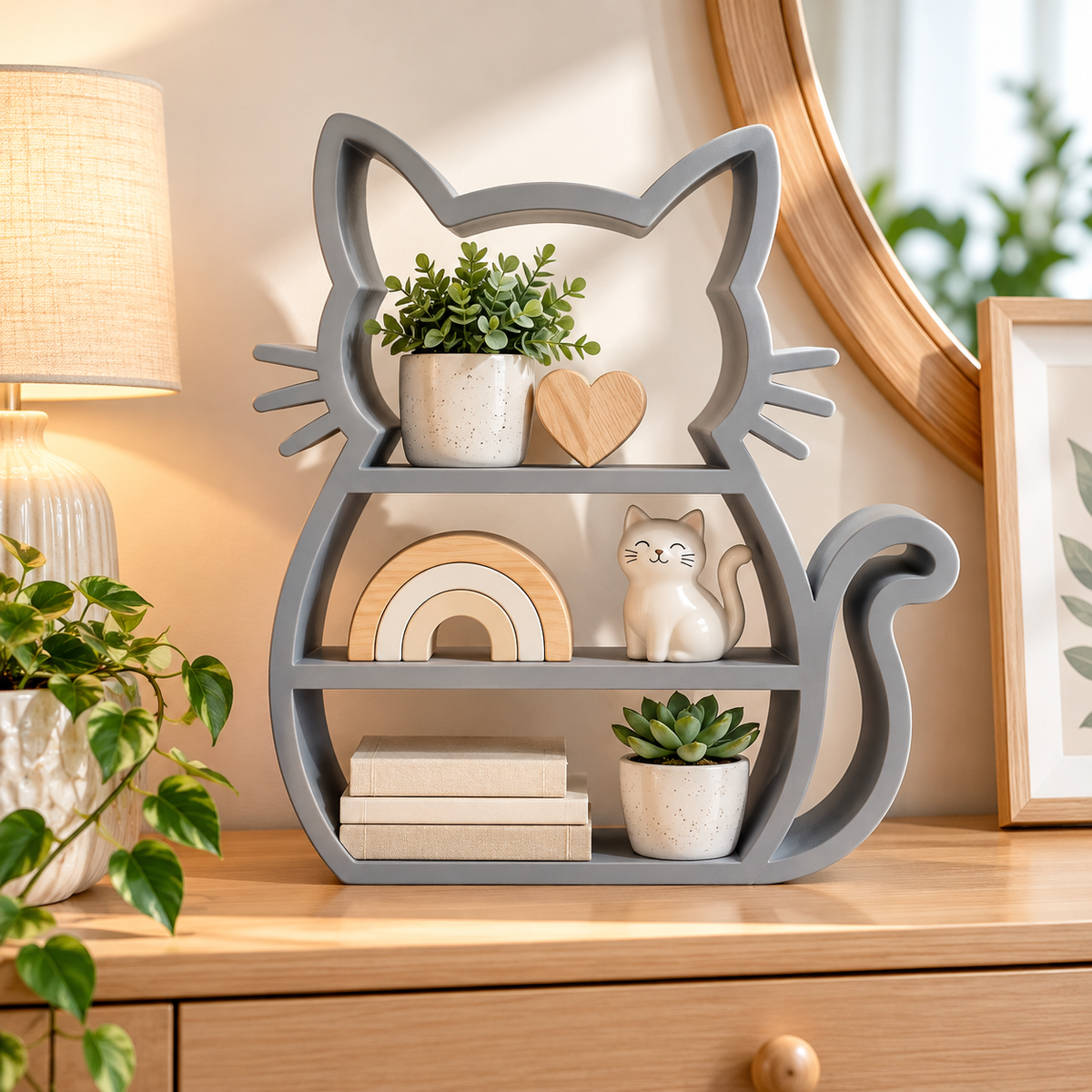 Cat Shelf — Freestanding Cat Shaped Display Stand for Trinkets, Plants and Cat Lover Decor