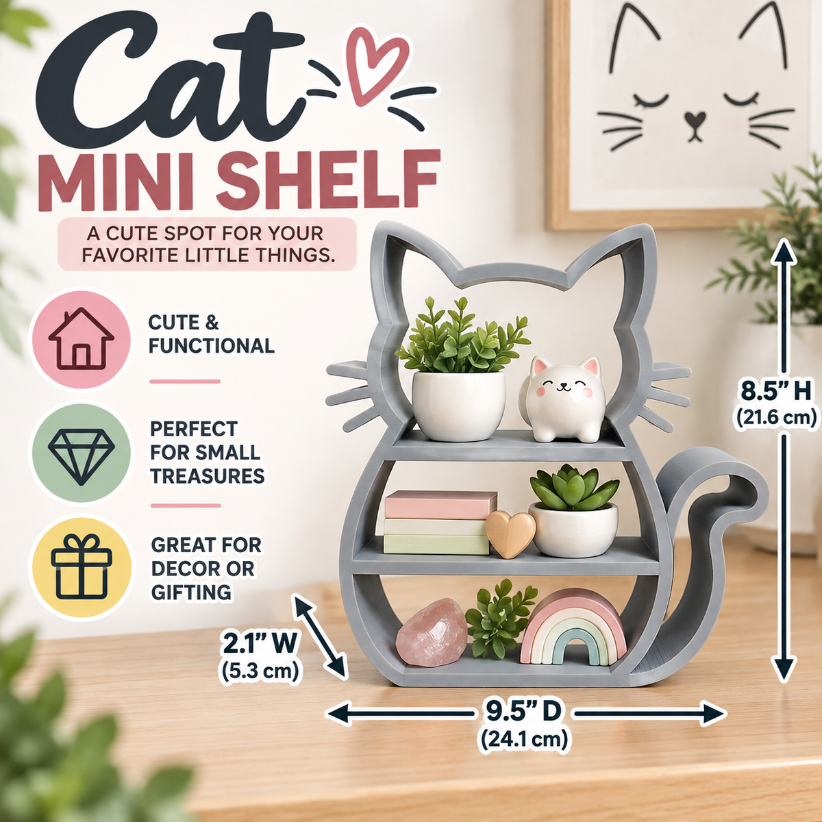 Cat Shelf — Freestanding Cat Shaped Display Stand for Trinkets, Plants and Cat Lover Decor