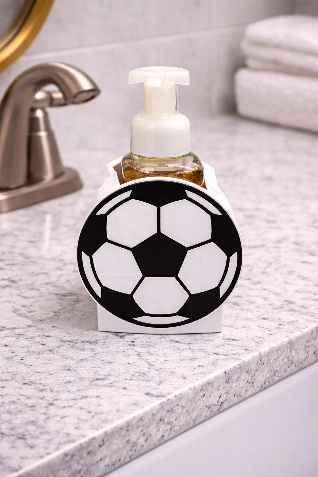 soccer ball foaming soap holder sports bathroom decor kids soccer theme sink accessory black white countertop soap stand