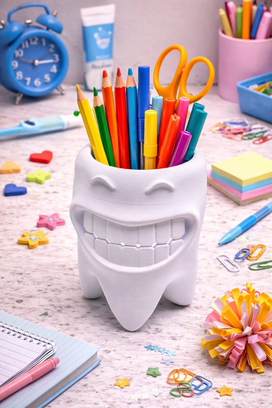 Smiling tooth toothbrush holder pencil holder kids bathroom dentist office decor white 3d printed organizer