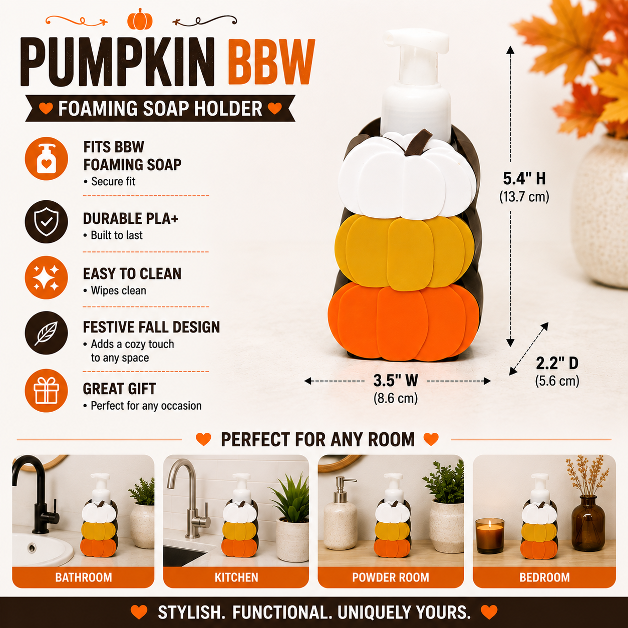 Stacked Pumpkins Foaming Soap Holder – 3D Printed Fall Halloween Decor – BBW Compatible