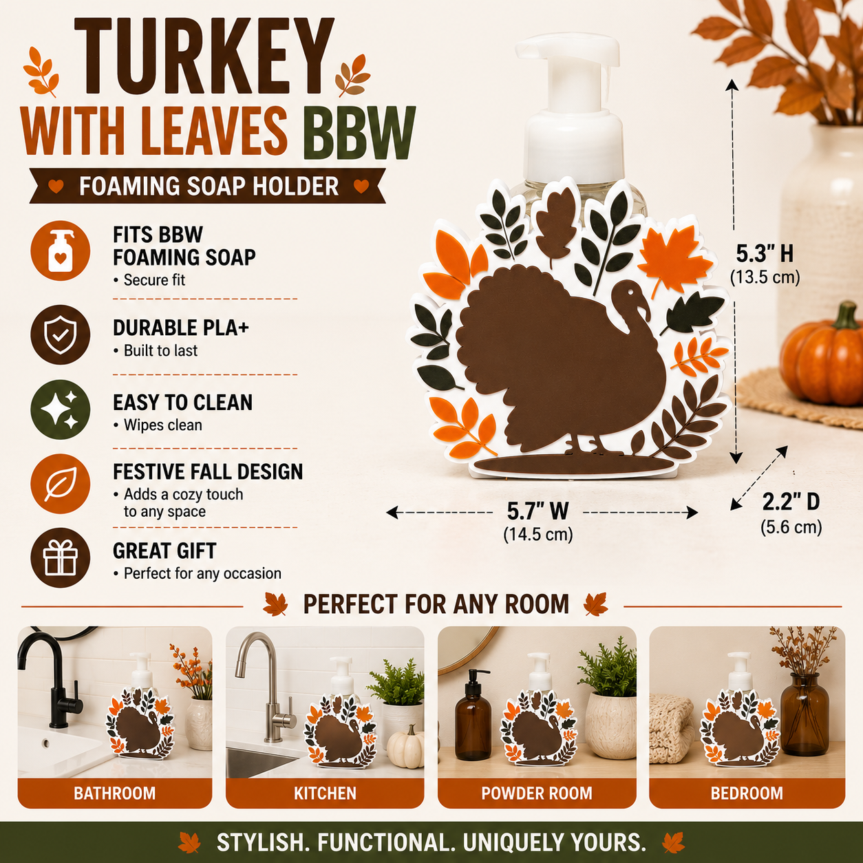 Turkey Foaming Soap Holder – 3D Printed Thanksgiving Fall Leaf Wreath Decor – BBW Compatible