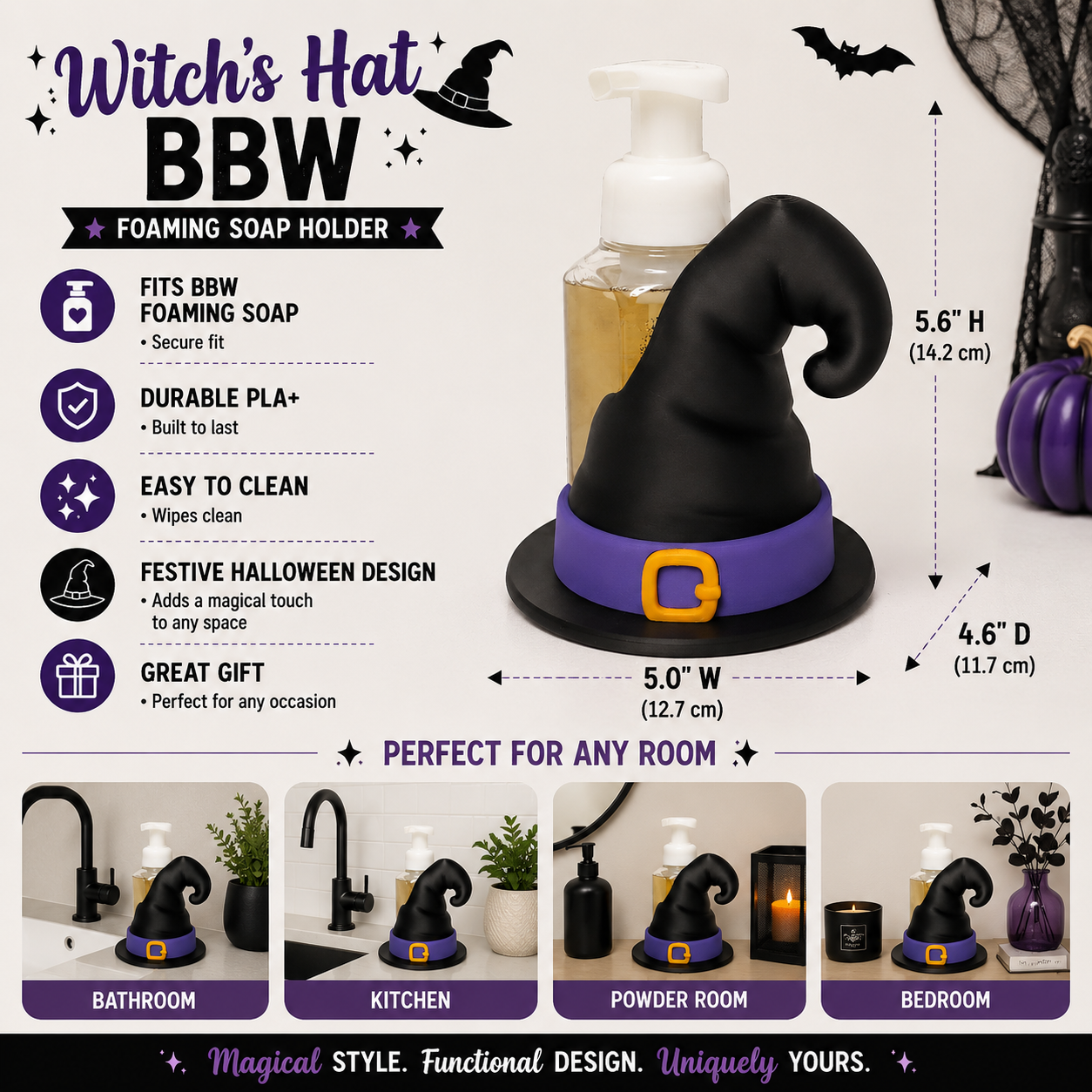 Witch Hat Foaming Soap Holder – 3D Printed Halloween Spooky Decor – BBW Compatible